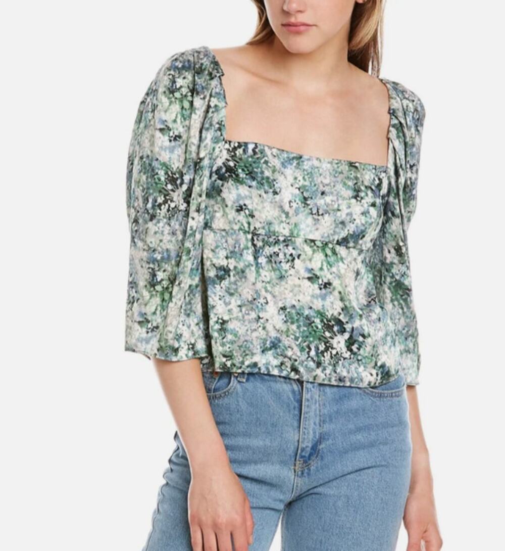 VINCE Womens Square-Neck Blouse Size 6 Green Painted Floral Top 3/4 Sleeve NWOT